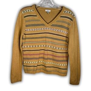 IZOD Women Camel Tan Striped Granny Cottagecore Cotton Sweater M 90s y2k Vintage